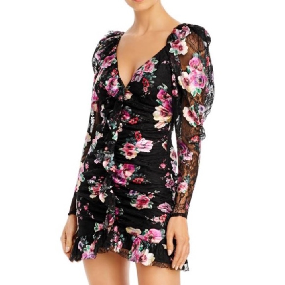 For Love & Lemons Benatar Ruffle Mini Dress Foil Floral |Size: XS